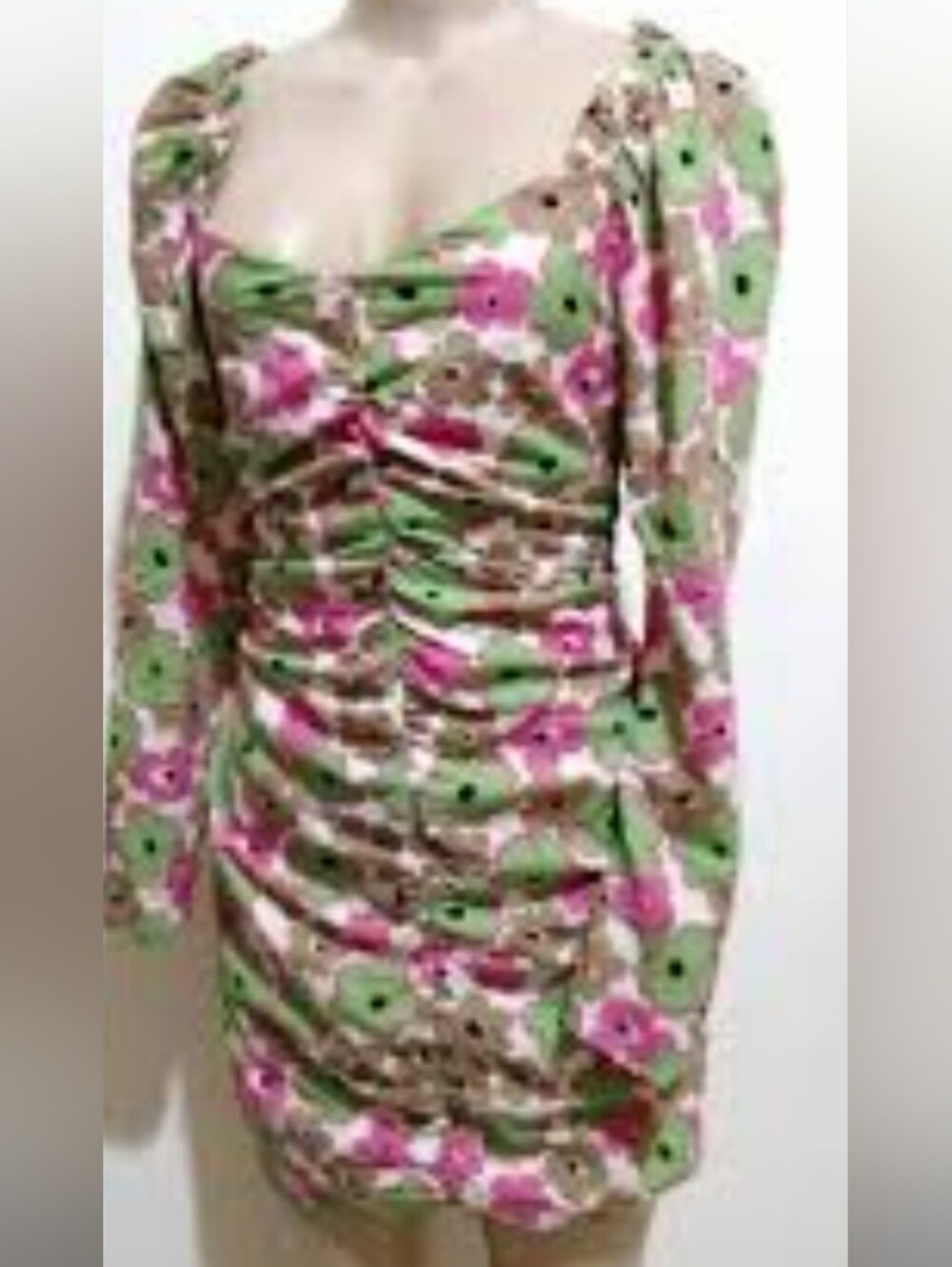 Floral Ruched Long-Sleeve Mini Dress - Pink & Green